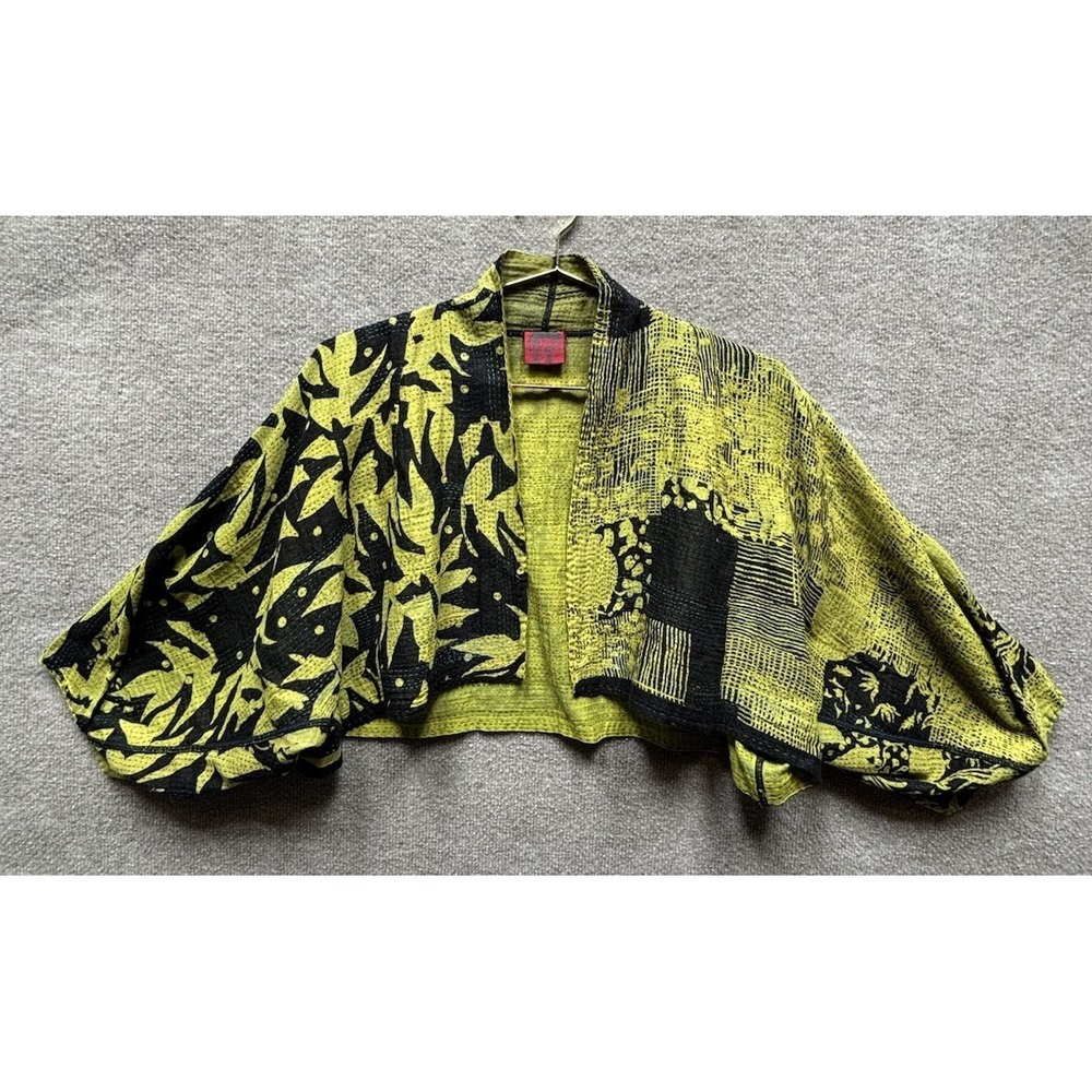 Mieko Mintz Top Women Small Green Open Front Drape Kantha Crop Relaxed Fit EUC